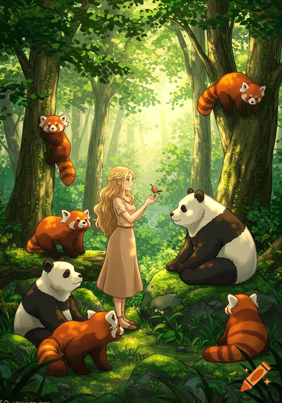 Anime woman with long hair among red and giant pandas in a magical, sun-dappled forest, some pandas climbing trees.