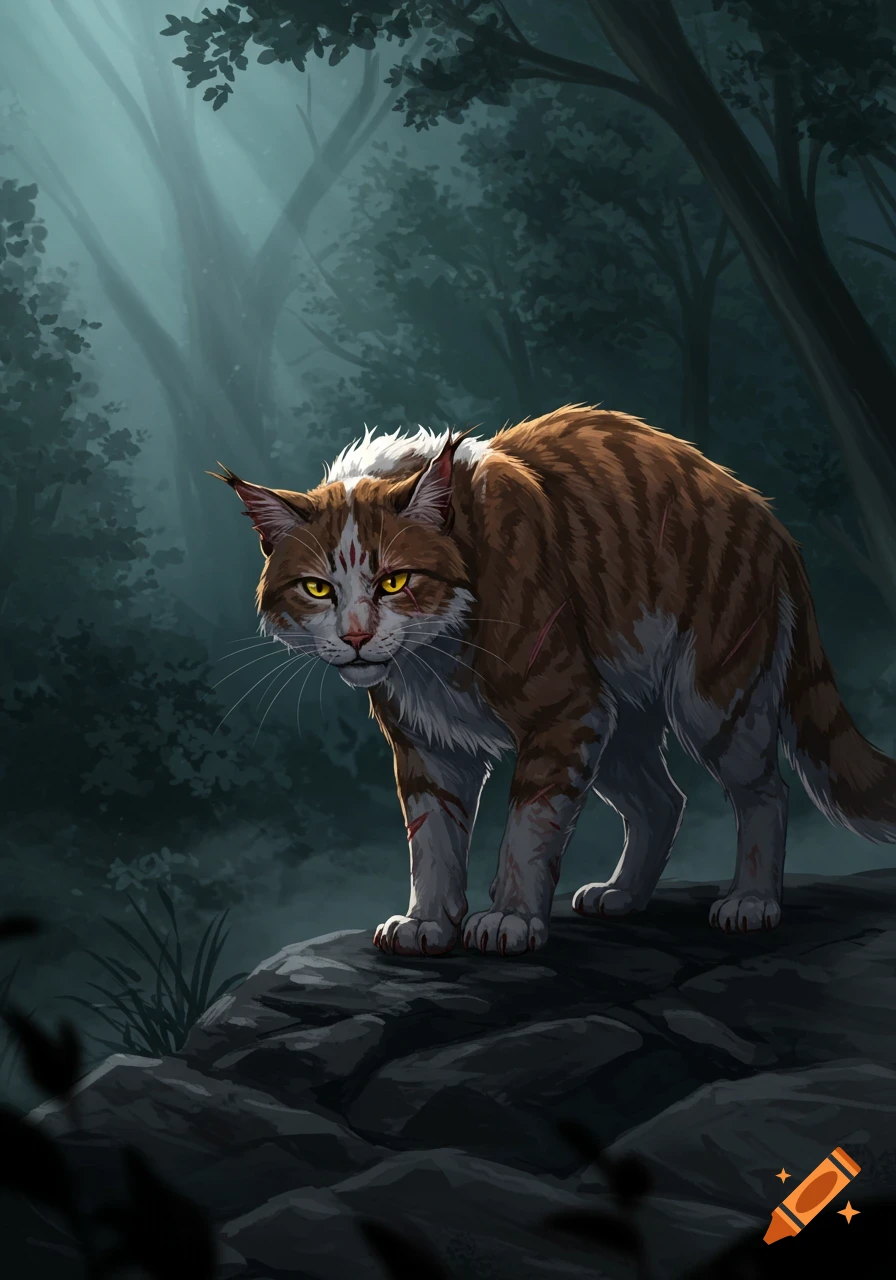 A scarred brown and white tabby cat with yellow eyes stands on rocks in a dark forest.