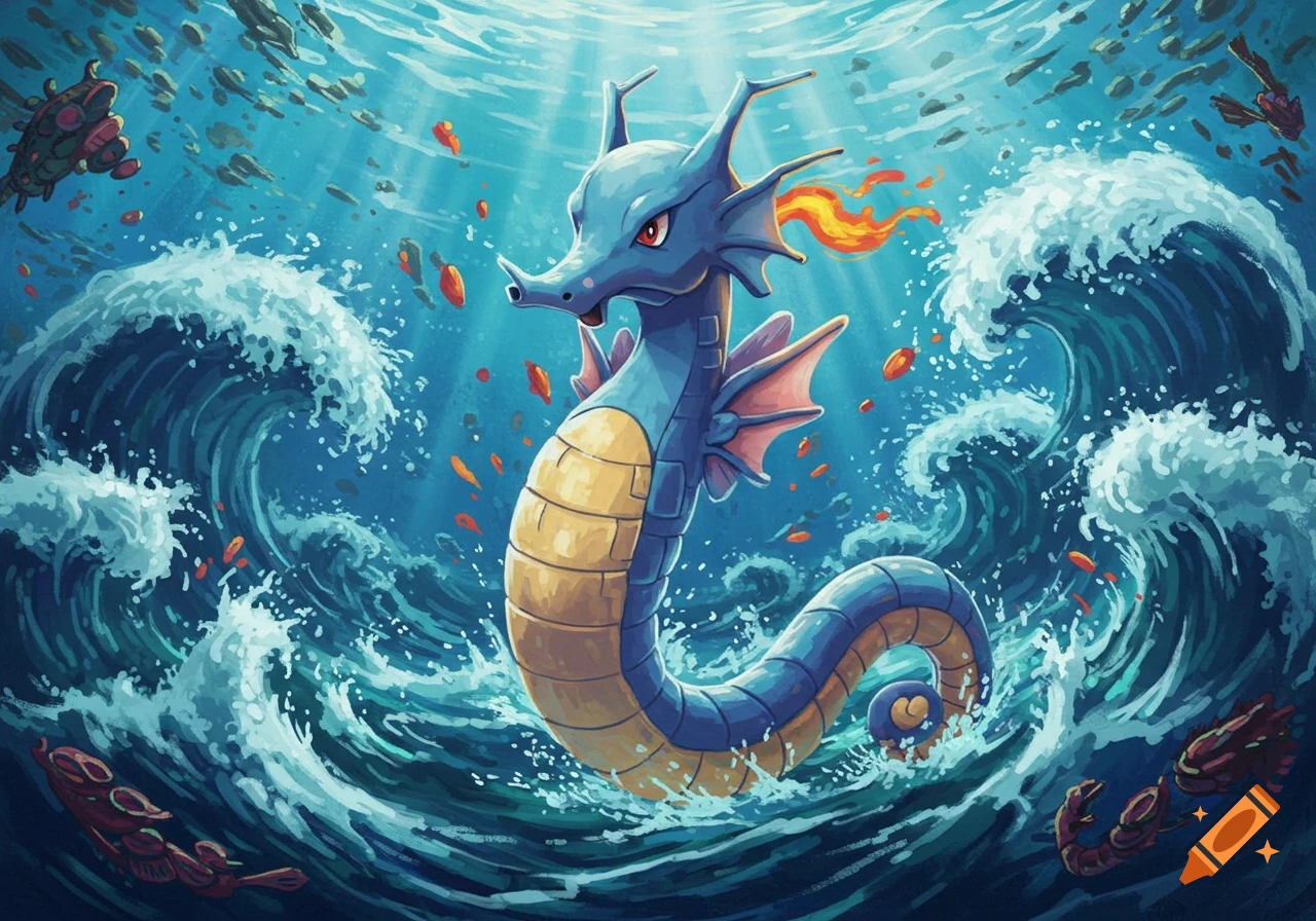 A vibrant illustration of the blue Pokemon Kingdra swimming amidst large waves and small fish in a deep blue ocean with sun rays.