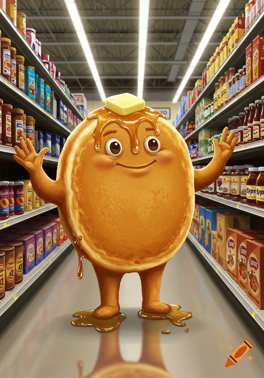 A colorful cartoon pancake character with arms raised stands in a supermarket aisle filled with products.