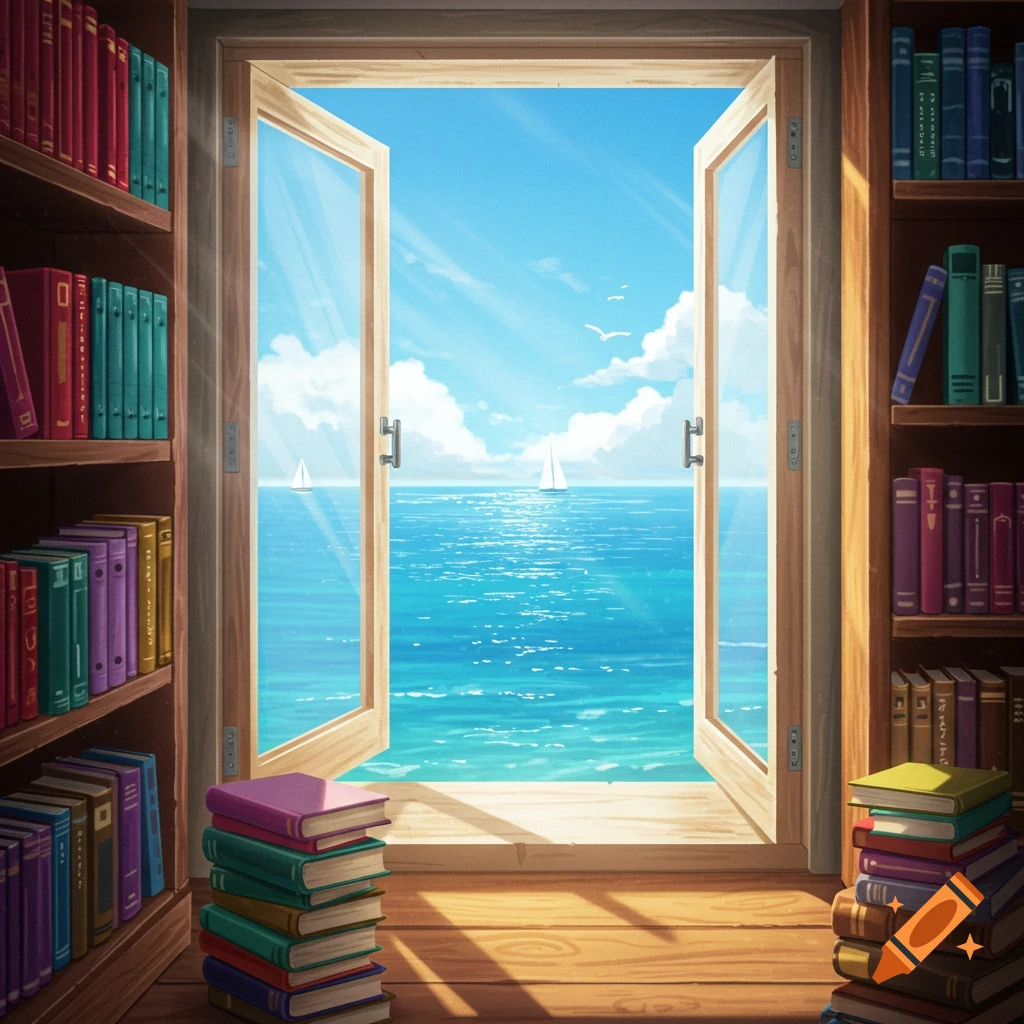 An animated view from inside a room with bookshelves, looking out an open window to a bright blue sea with sailboats.