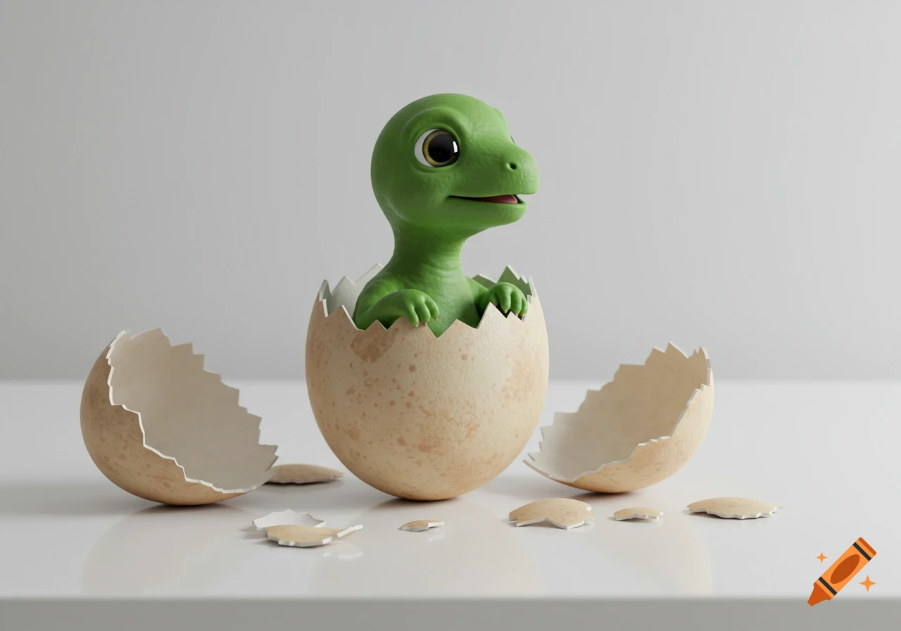 A charming, photorealistic baby green dinosaur emerges from a cracked egg on a white countertop, with shell pieces scattered around.