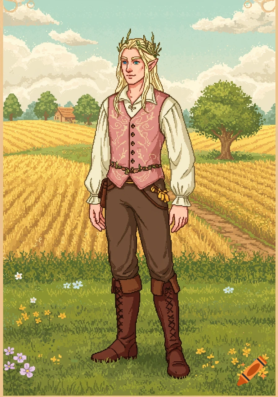 Pixel art portrait of a male elf with blonde hair and a leaf crown, wearing a pink vest, standing in a golden wheat field.