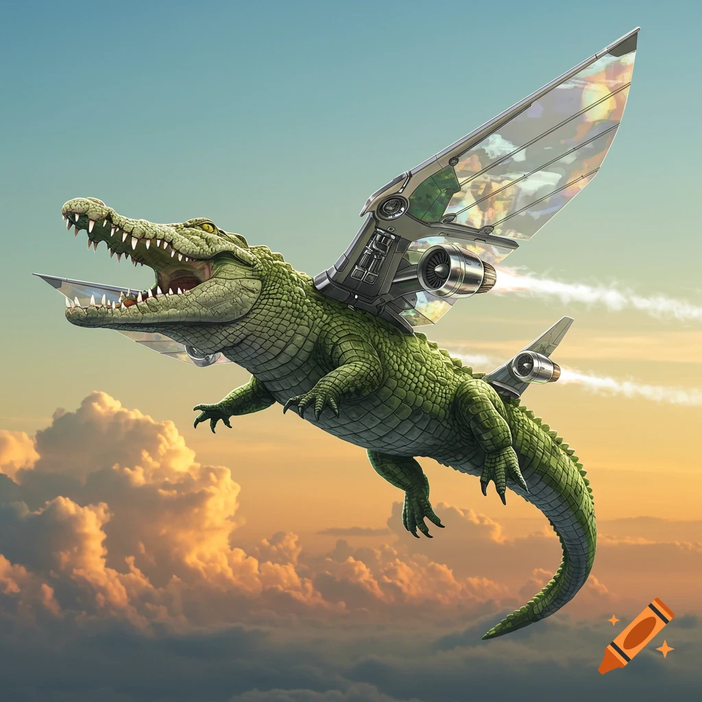 A large green crocodile with airplane wings and jet engines on its back flies through a cloudy sky at sunset.