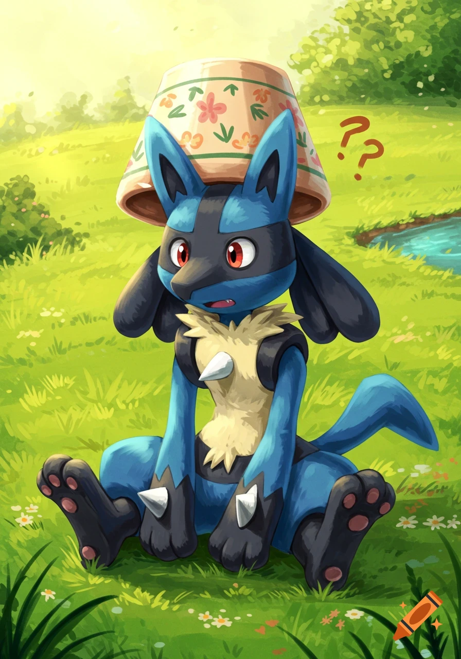 Lucario sitting in a grassy field with a flower-decorated pot on its head, looking confused with question marks.