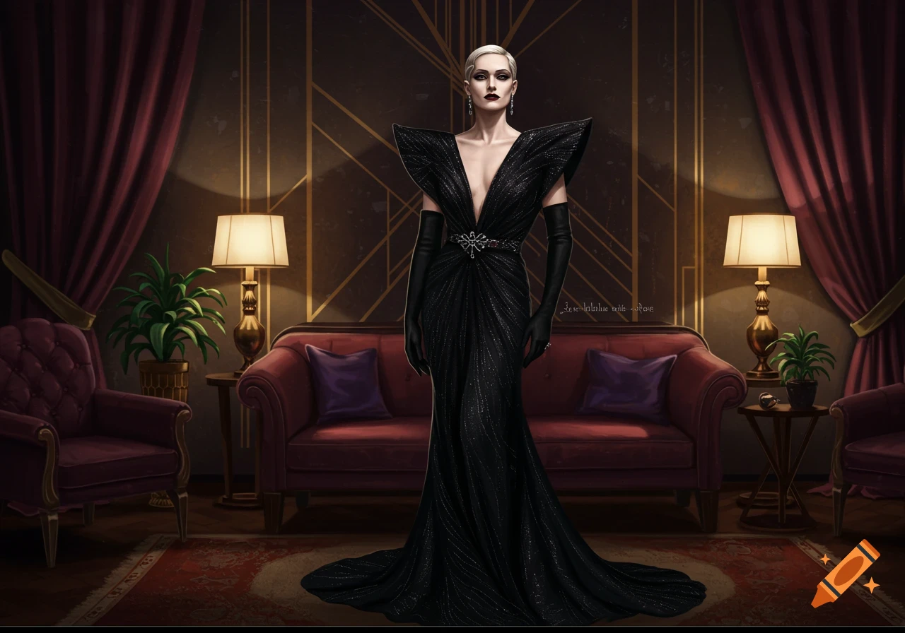 A woman with short blonde hair and dark red lipstick in a black gown stands in an Art Deco room.