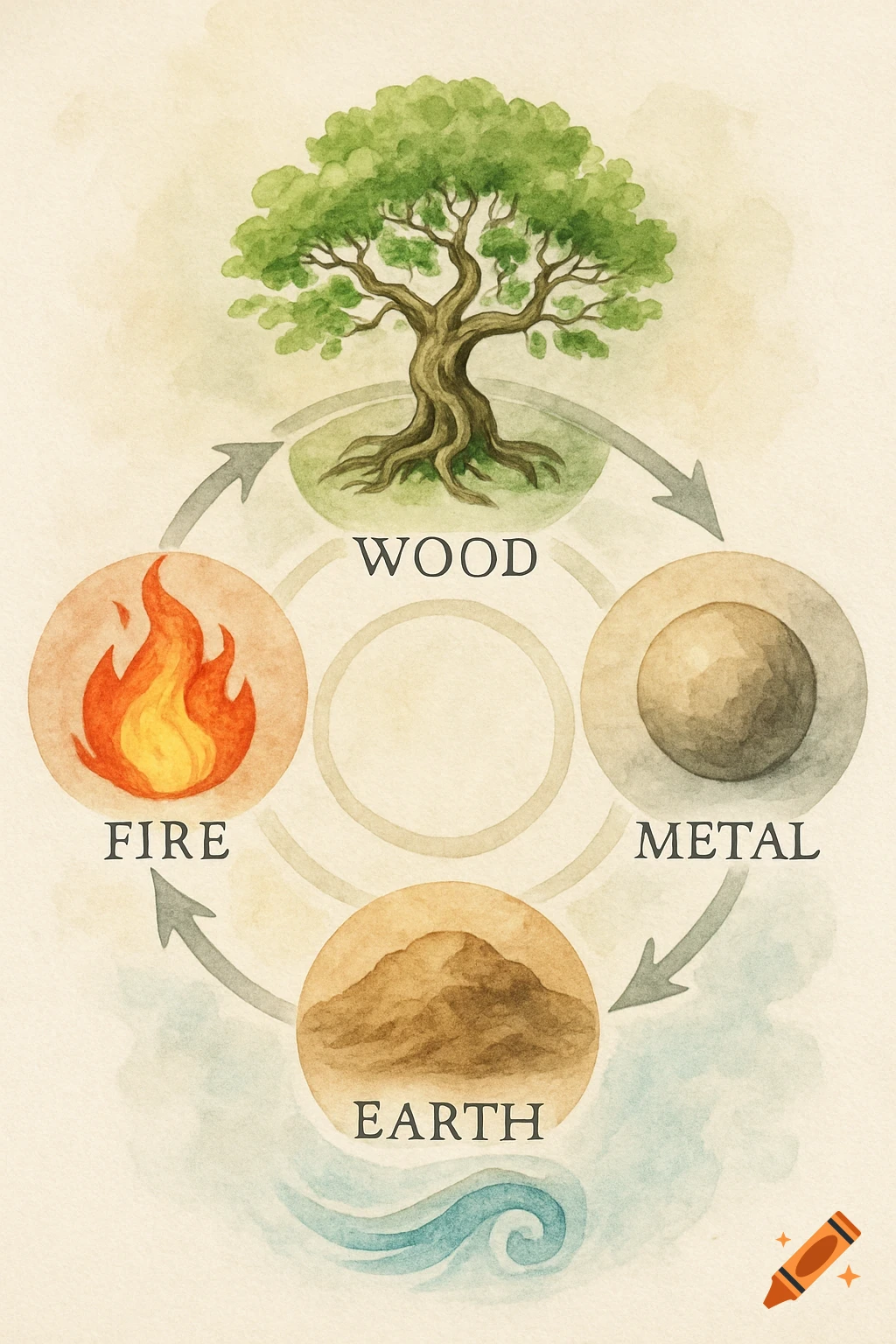 A watercolor diagram of the five elements (wood, fire, metal, earth, water) in a circular cycle with connecting arrows.