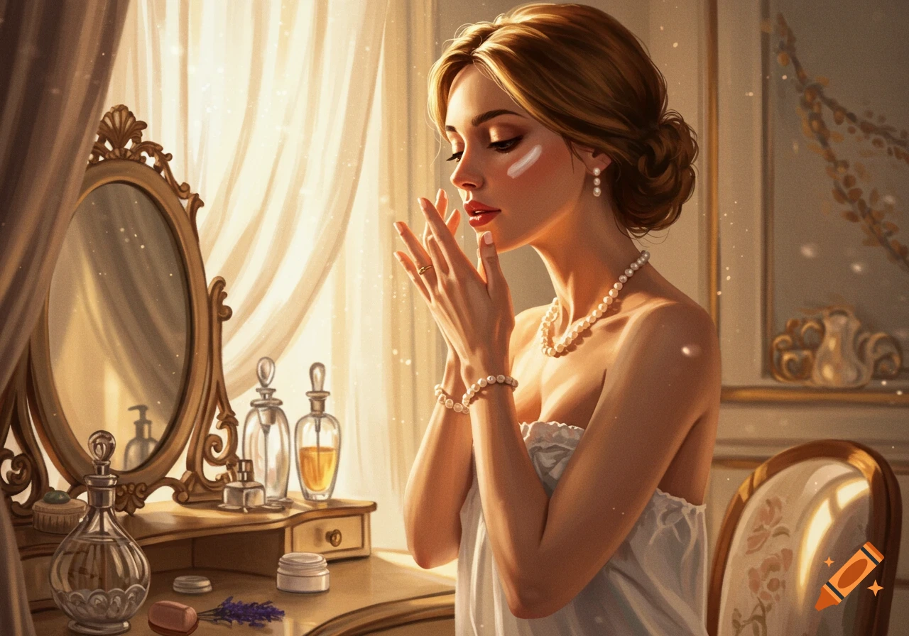 An elegant woman applies moisturizer at a sunlit dressing table, surrounded by perfume bottles and pearls, in a photorealistic style.