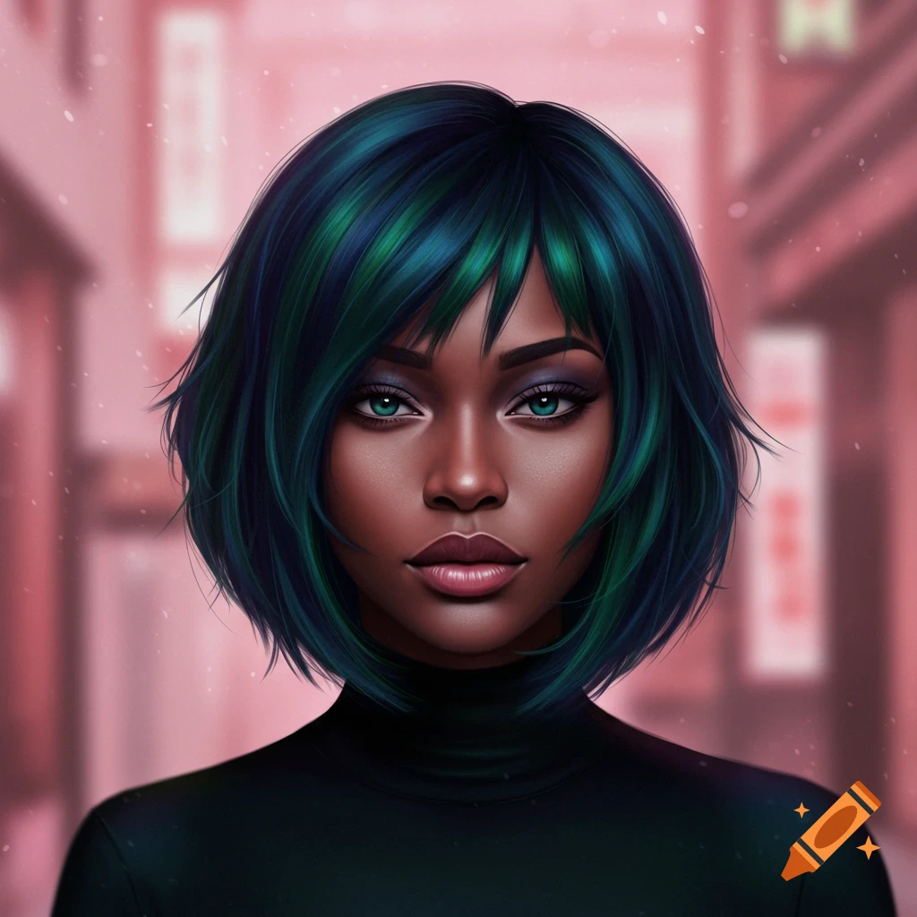A stylized portrait of a dark-skinned woman with short, wavy dark blue and green hair and piercing green eyes, wearing a black turtleneck.