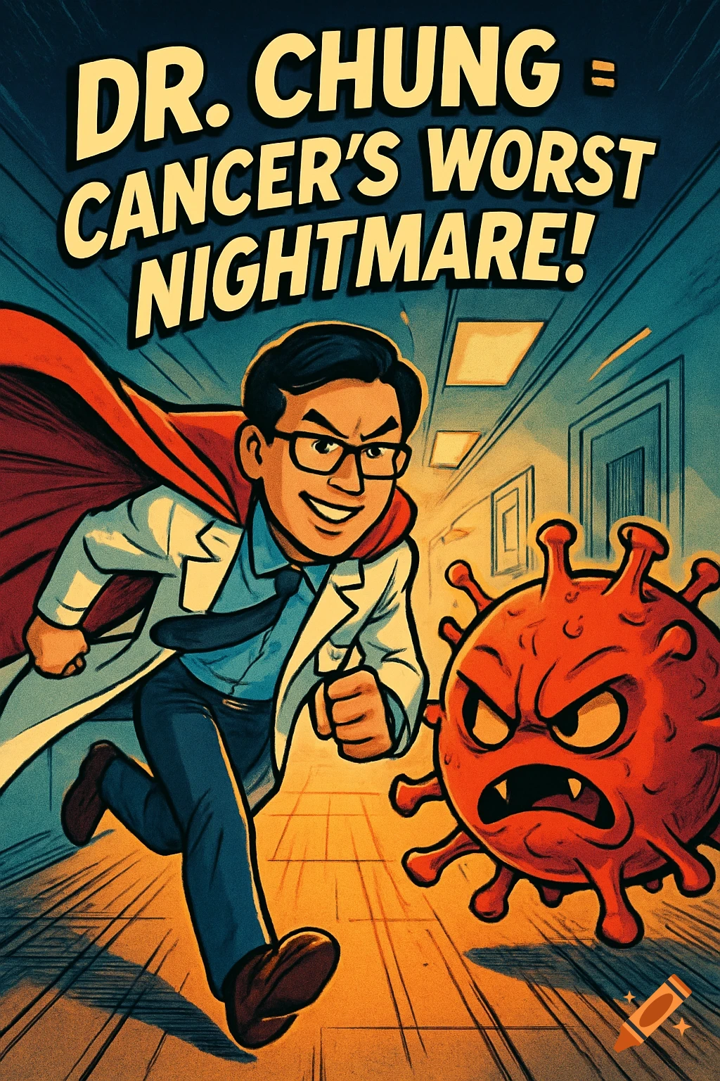 Comic book art of an Asian doctor in a lab coat and cape, running toward an angry cancer cell. Text: DR. CHUNG = CANCER'S WORST NIGHTMARE!