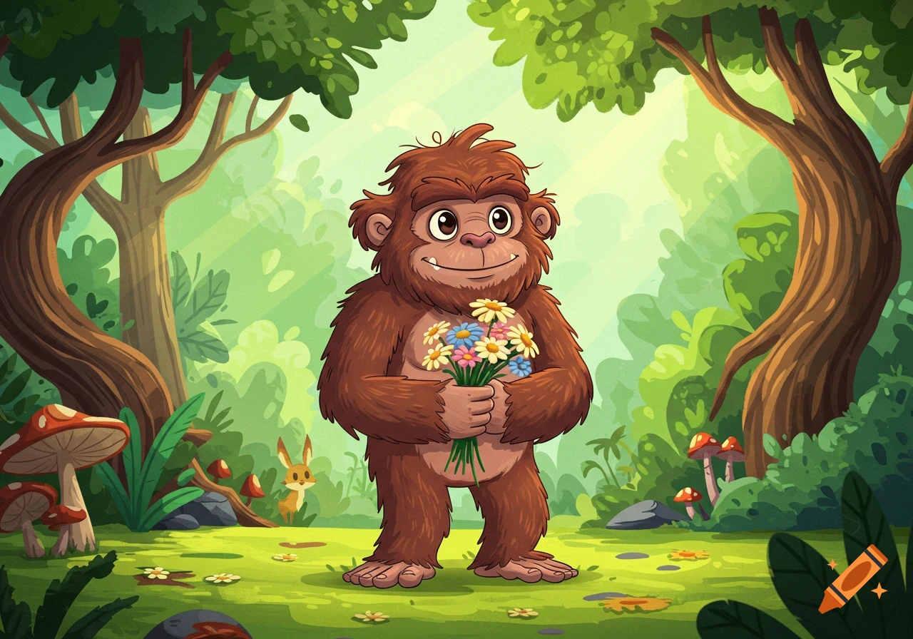 A cartoon Sasquatch smiles while holding a bouquet of flowers in a lush green forest.