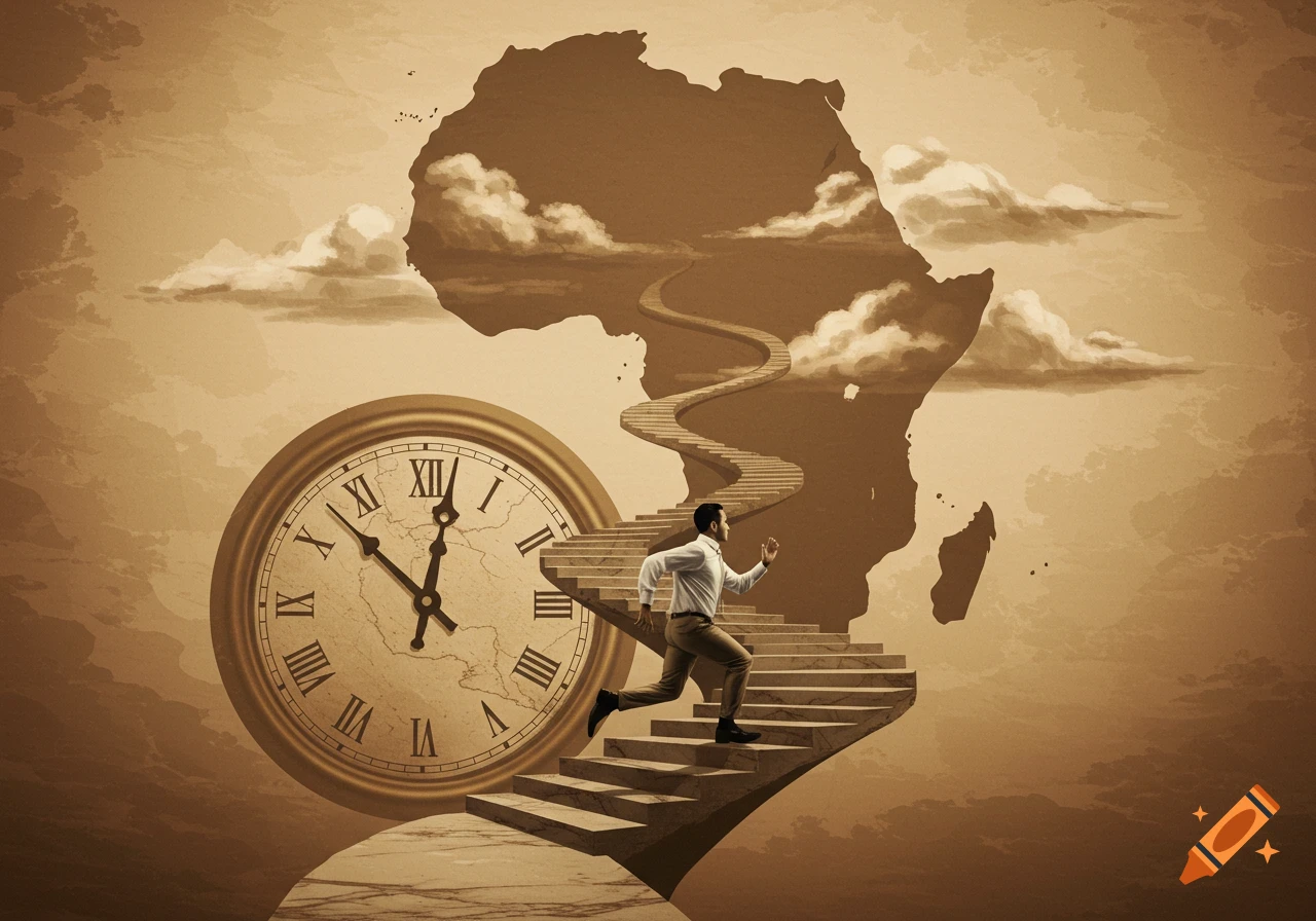 A sepia-toned illustration of a man running up stairs towards a map of Africa, with a large analog clock in the foreground.