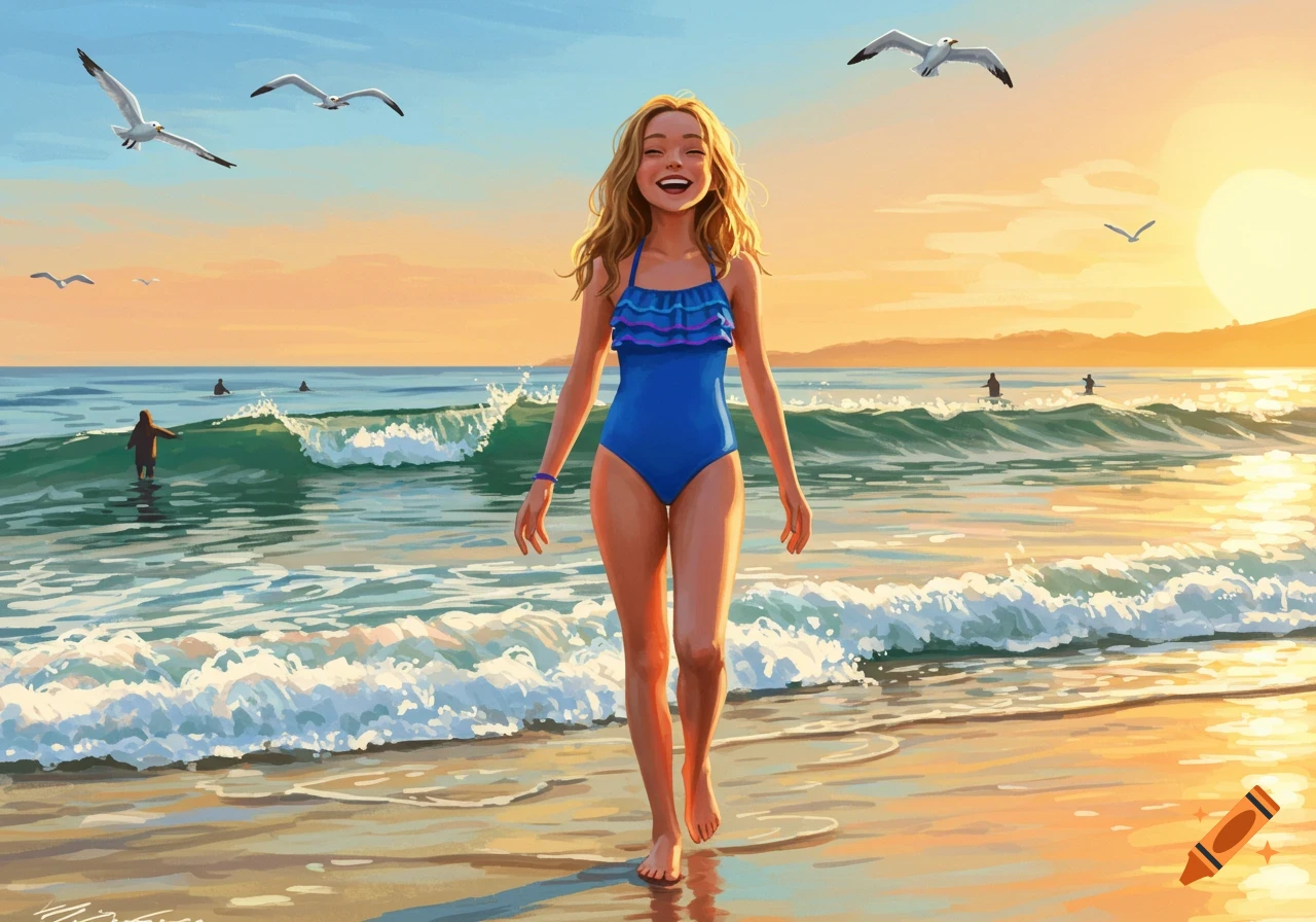 An illustrated image of a happy girl in a blue swimsuit walking on a beach at sunset with seagulls.