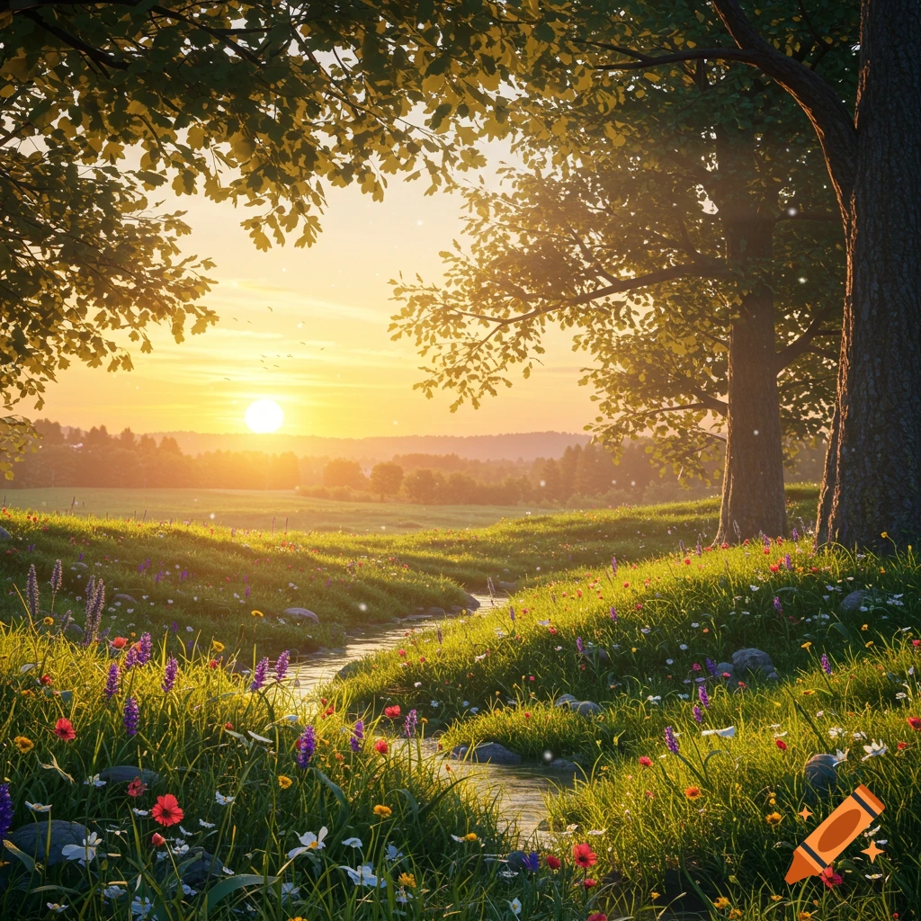 A vibrant photorealistic landscape at sunset with a sunlit field of wildflowers and a small stream winding between trees.