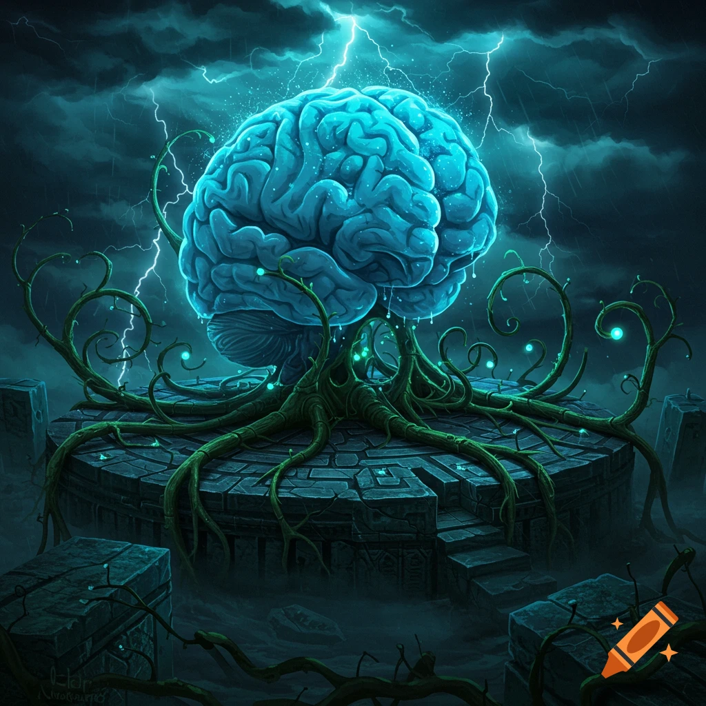 A glowing blue brain sits on a stone pedestal with green roots under a stormy sky with lightning.