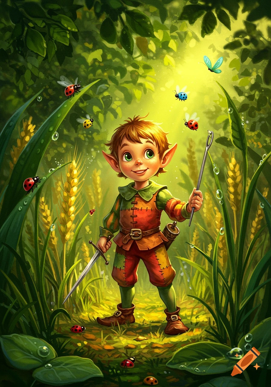 A smiling elf boy with pointy ears and a patched outfit stands in a lush forest, holding a sword and a needle, surrounded by ladybugs.