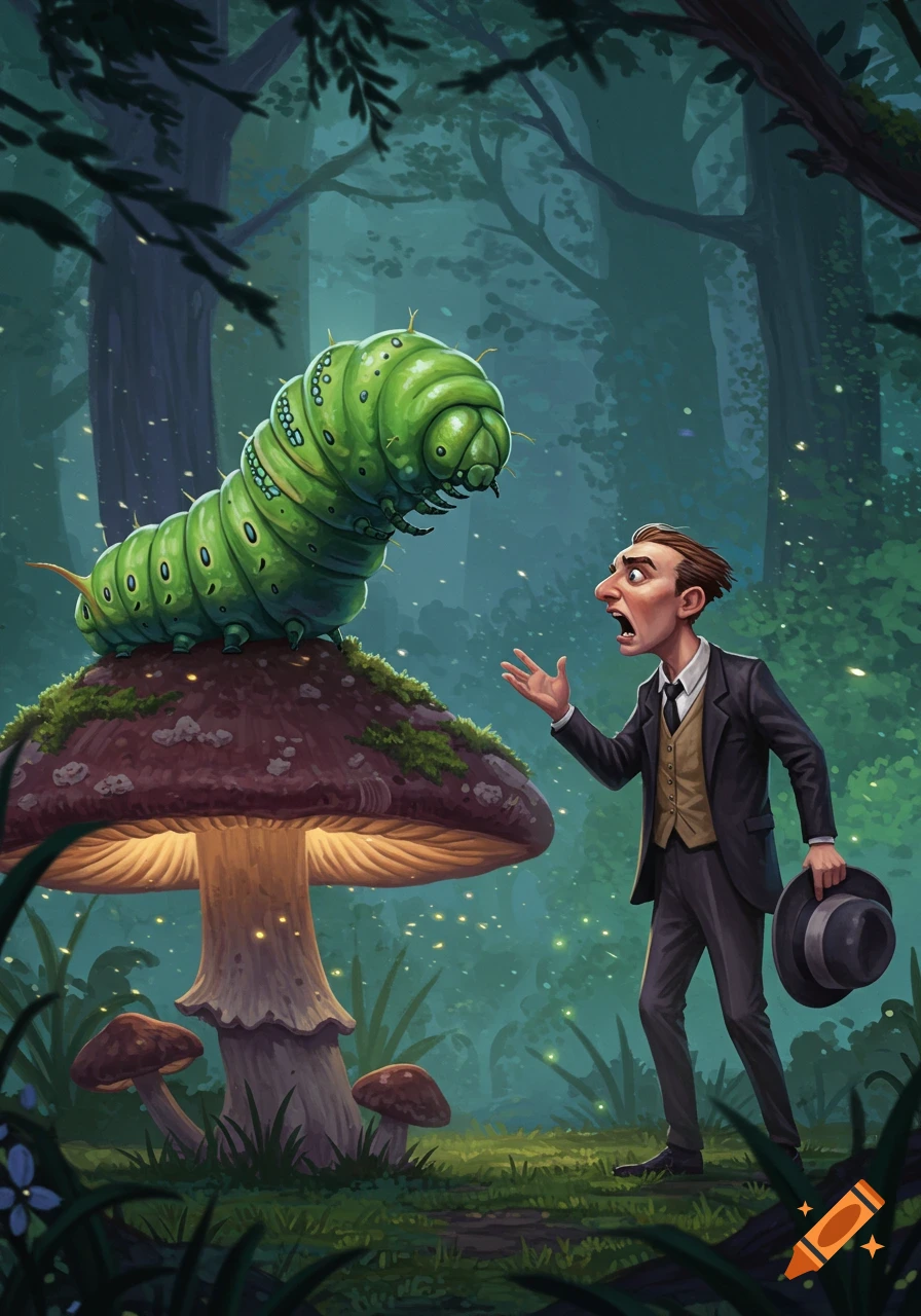 An illustrated whimsical scene of a man in a suit arguing with a large green caterpillar on a glowing mushroom in a dark forest.