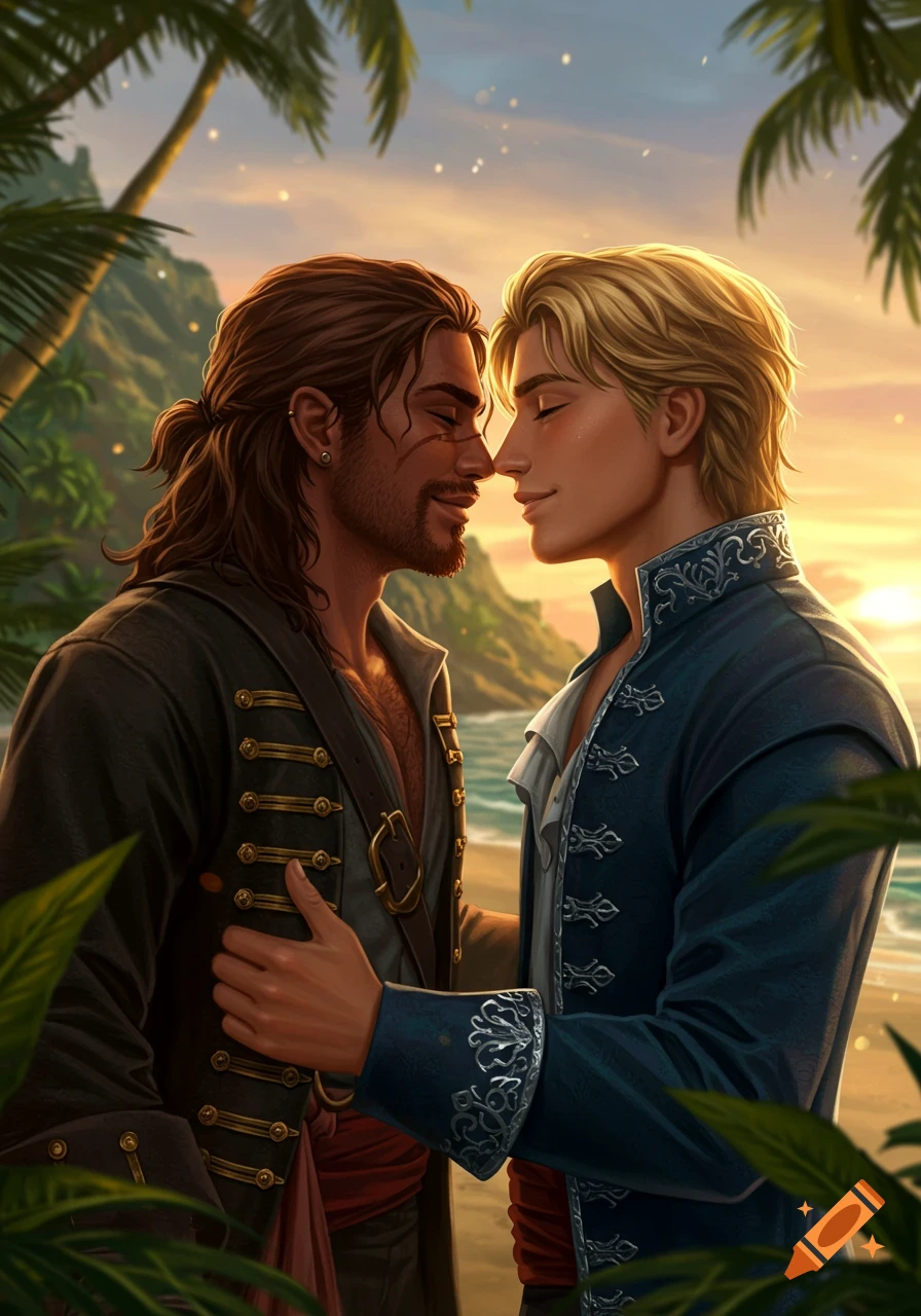 A pirate and a prince embracing on a tropical beach at sunset, digital painting.