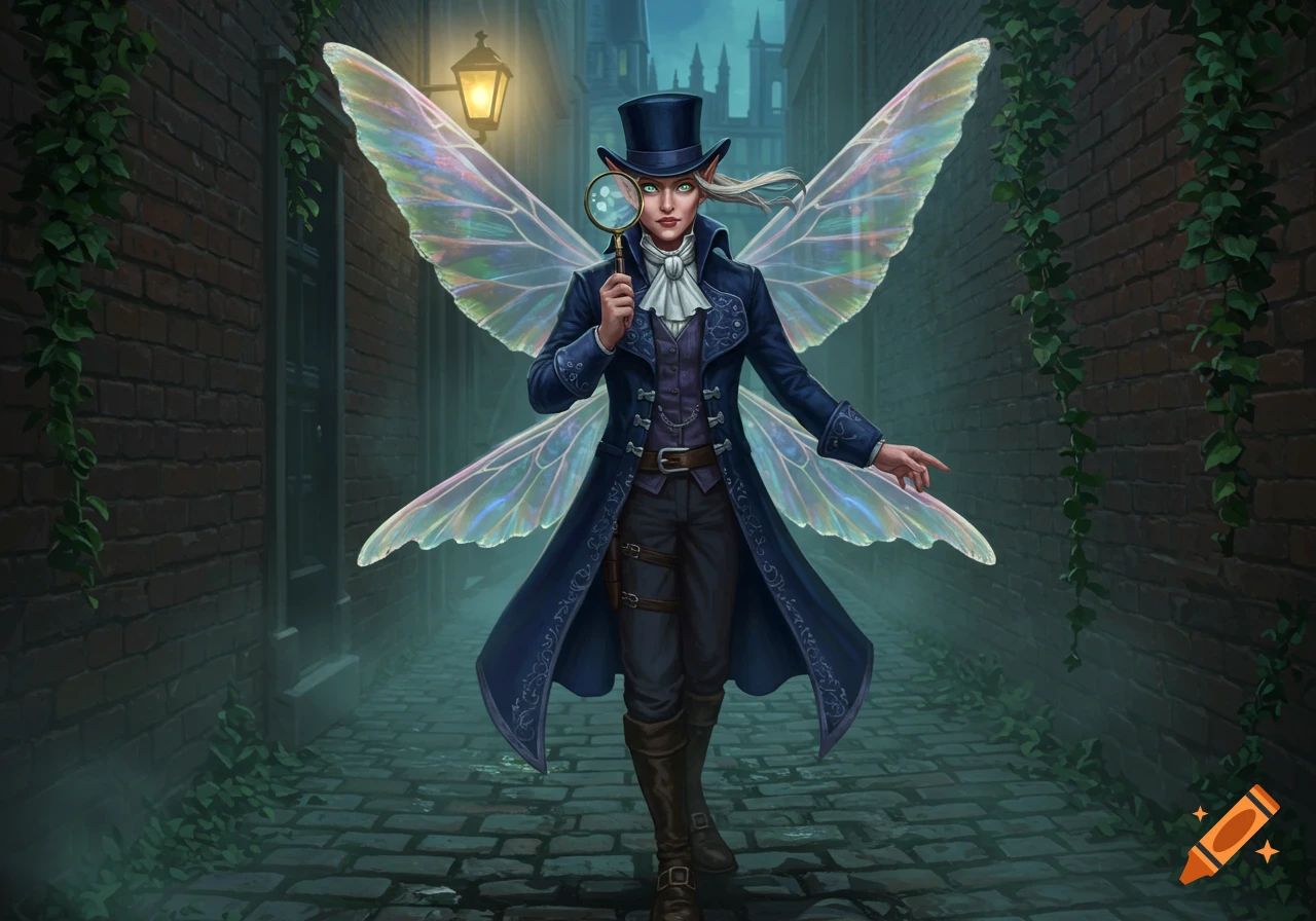 A detective sylph in a blue coat, top hat, and iridescent wings holds a magnifying glass in a misty brick alley.