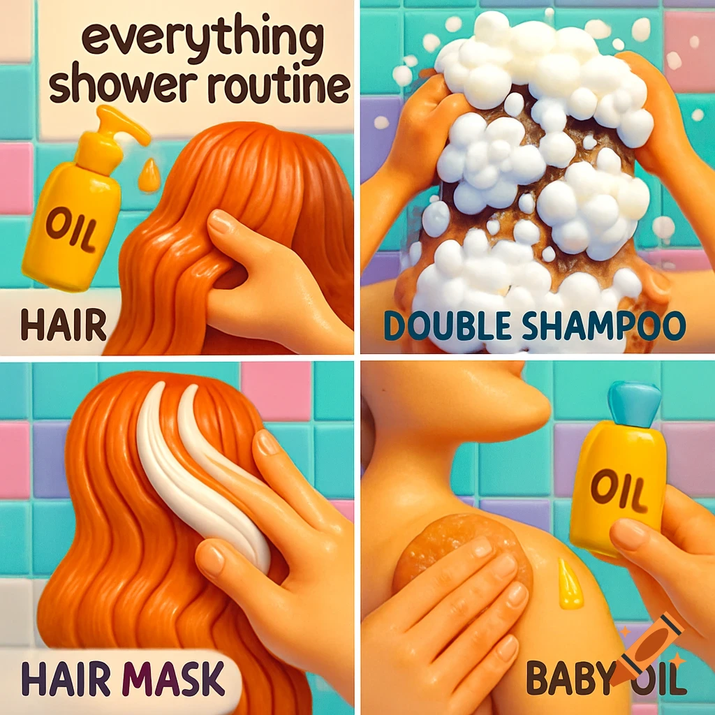 Four-panel 3D cartoon storyboard of a shower routine: oiling hair, double shampooing, hair mask, and applying body scrub and baby oil.