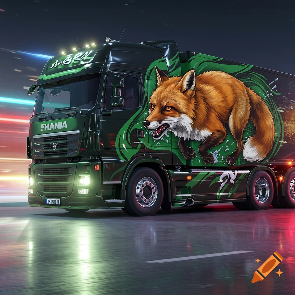 A dark green 18-wheeler truck with a fierce fox decal on its side, driving at night. The fox is snarling with foam from its mouth. Photorealistic style.