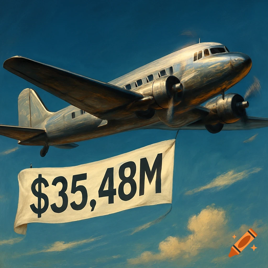 A shiny silver airplane flies in a blue sky, pulling a white banner with '$35.48M' written on it, in a painterly style.