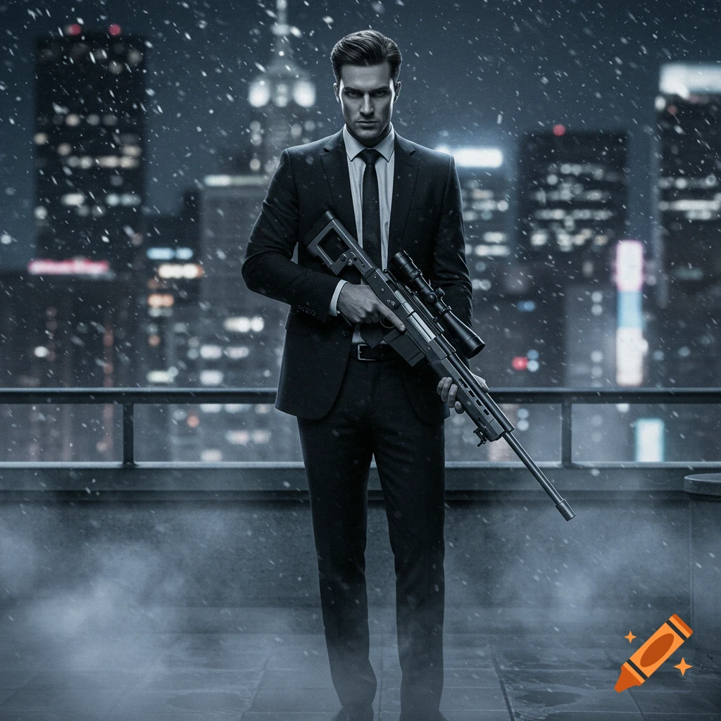 A man in a black suit holds a sniper rifle on a snowy city rooftop at night, with illuminated buildings in the background.