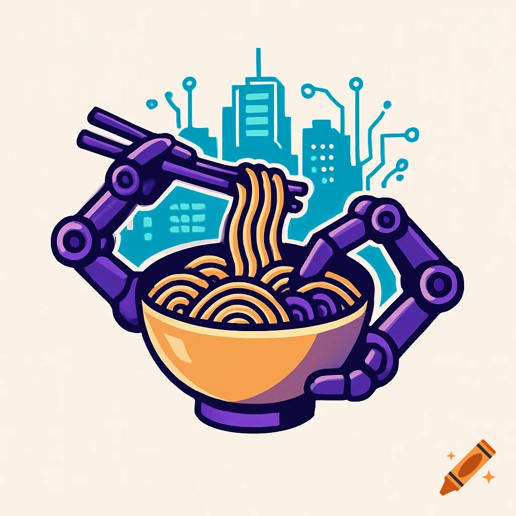 A stylized logo of purple robot arms holding chopsticks, eating ramen from a bowl, with a blue futuristic city skyline and circuit patterns in the background.