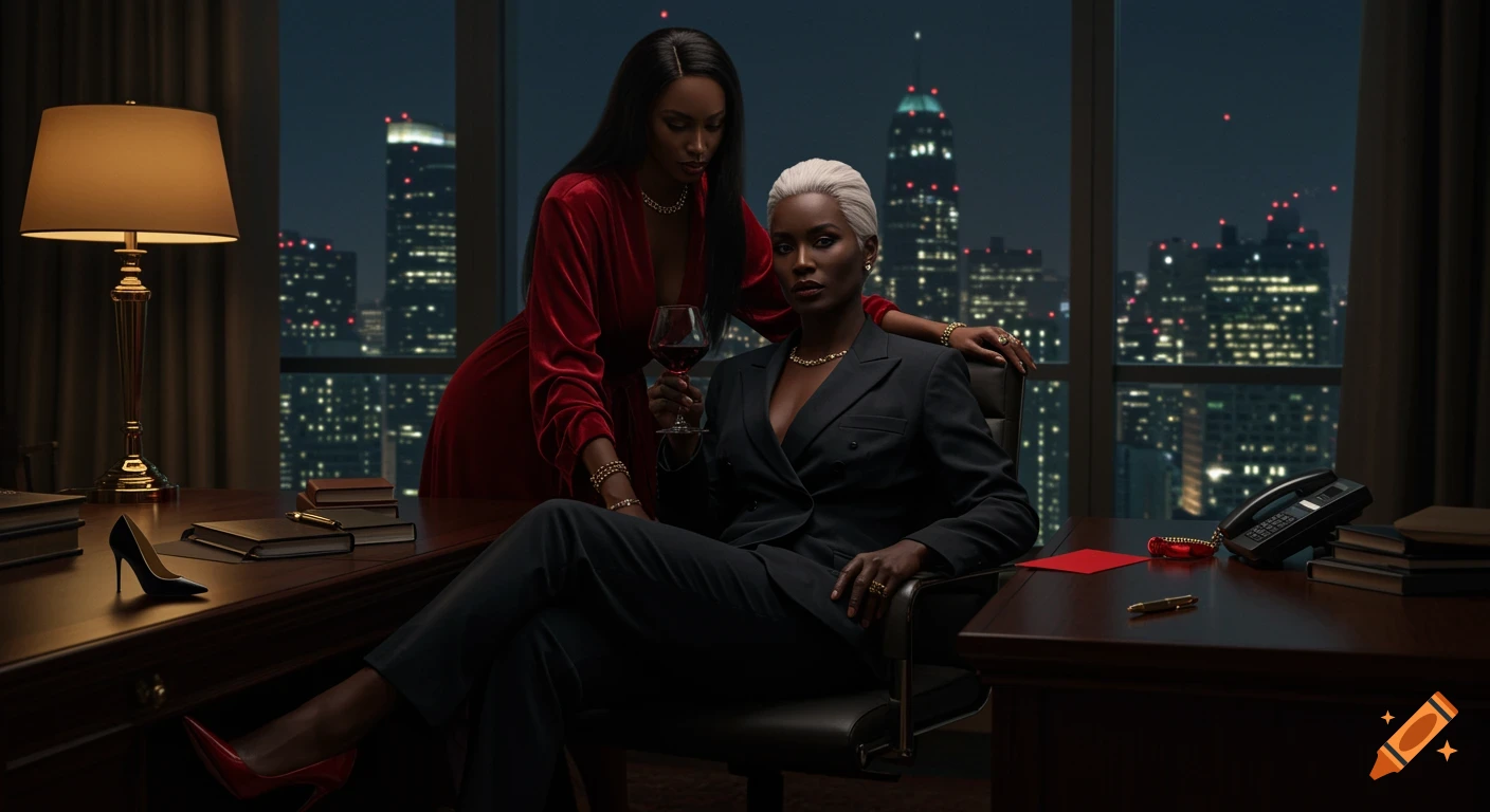 Two elegantly dressed women in a high-rise office at night. One, with pale hair in a black suit, sits holding wine. Another, in a red robe, leans over her. City skyline in background.