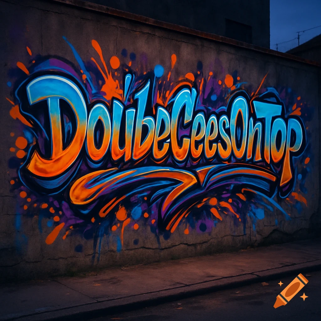 Vibrant graffiti on a concrete wall, spelling 'DoubleCeesOnTop' in orange, blue, and purple bubble letters with paint splatters.