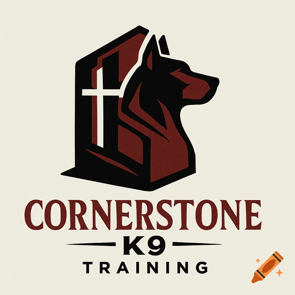 A stylized black and red logo featuring a dog's head next to a cross shape, with the text "CORNERSTONE K9 TRAINING" below it.