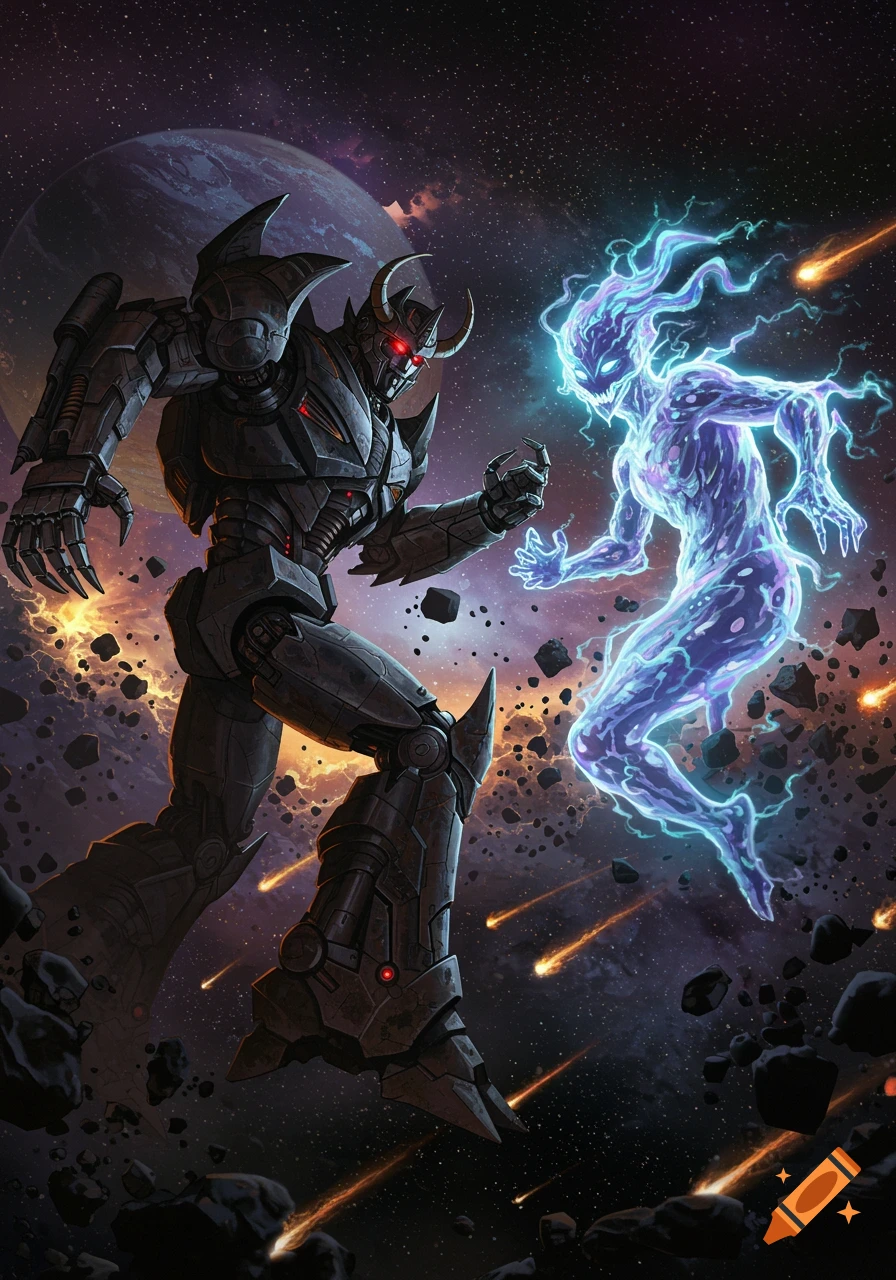 A dark, horned robot confronts a glowing, ethereal blue-purple energy creature in space, surrounded by asteroids and meteors.