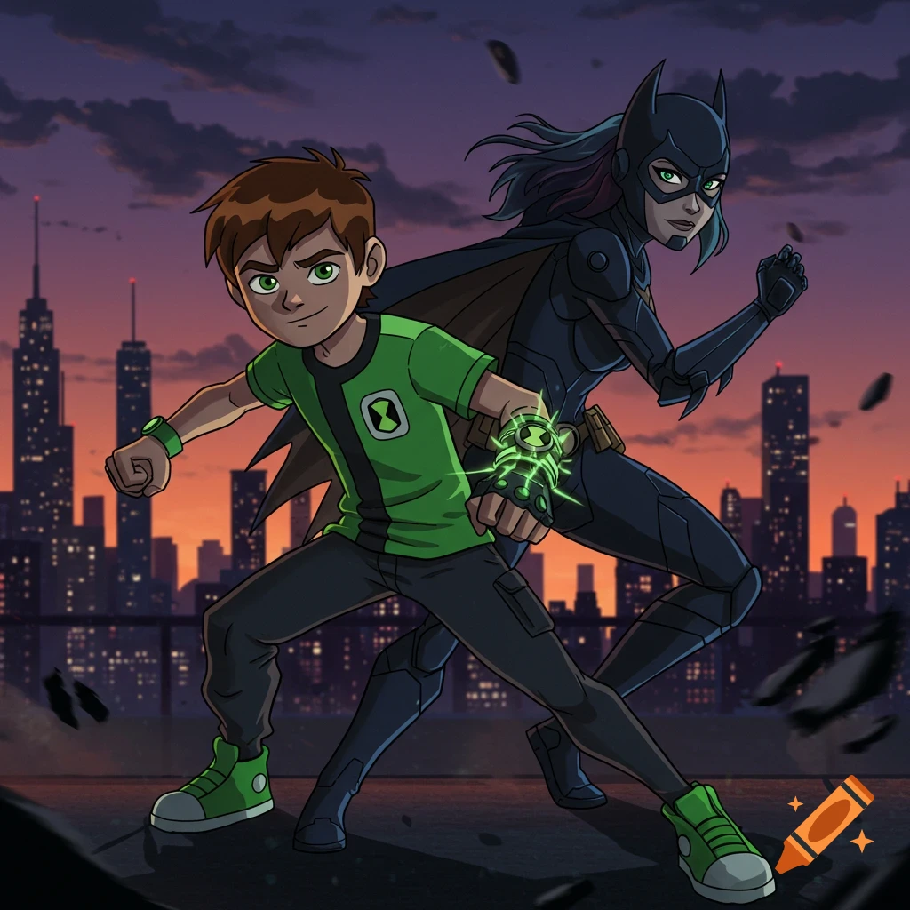 Cartoon image of Ben 10 in green and black, with a glowing Omnitrix, standing with Batgirl in a dark suit, against a sunset city skyline.