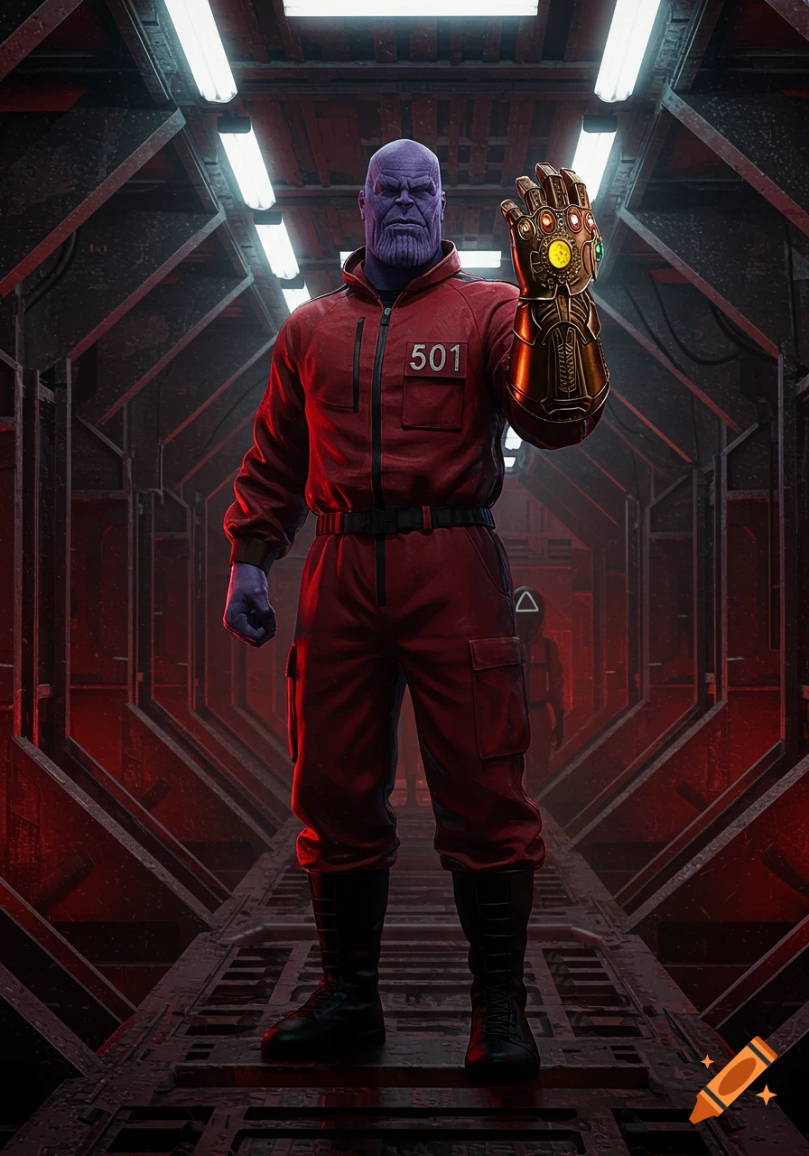 Thanos in a red jumpsuit with '501' on his chest, holding the Infinity Gauntlet, stands in a dark, red-lit corridor.