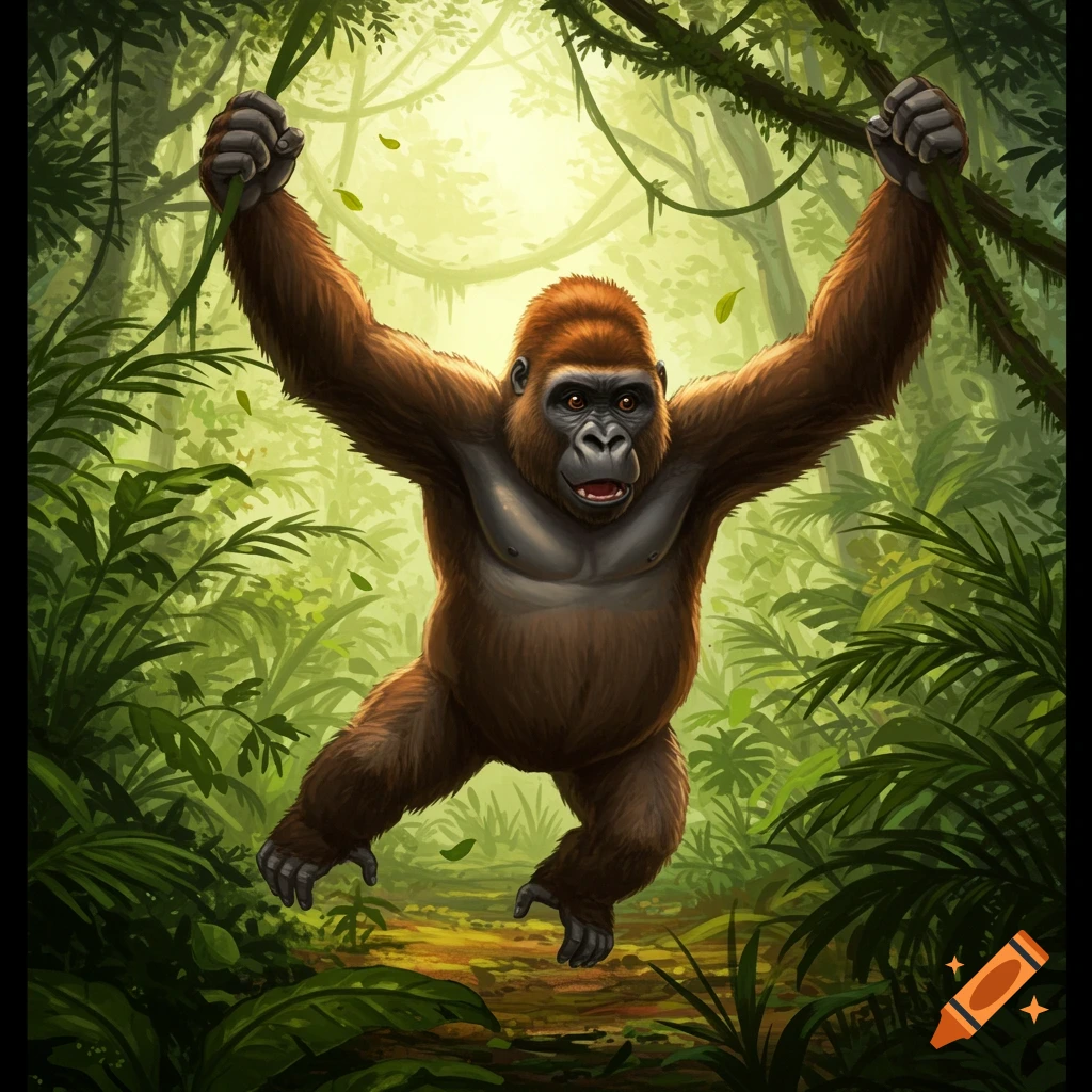 A cartoon gorilla with brown fur swings on vines in a vibrant green jungle. The gorilla is depicted mid-swing with its mouth open, looking playful.