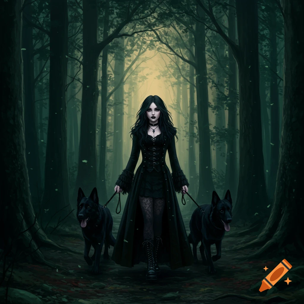 A gothic woman in a black dress walks two black dogs through a dark forest with light in the background.