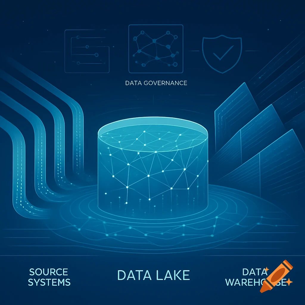 A blue digital illustration showing a data lake, source systems, data warehouse, and data governance, depicting data flow.