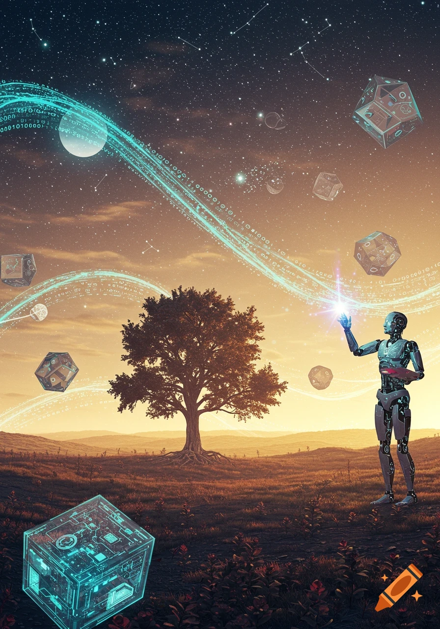 A robot stands in a field with a large tree under a starry sky, interacting with glowing data streams and floating geometric shapes.