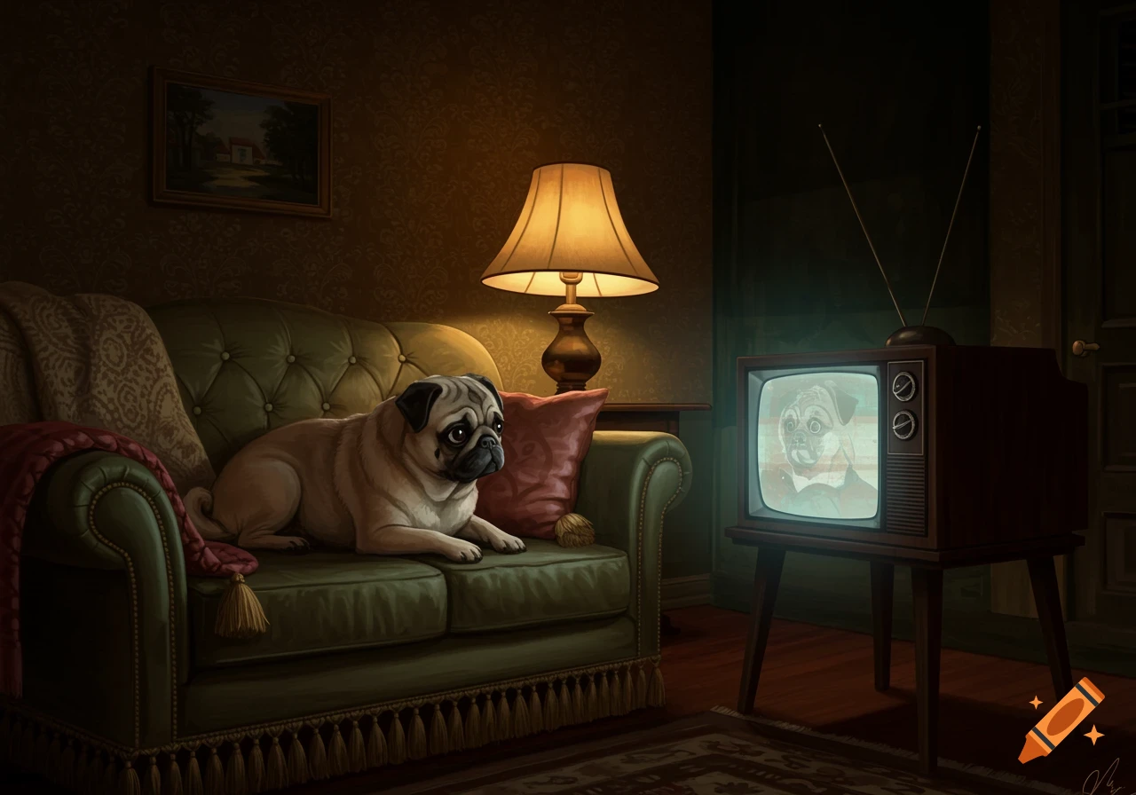 A pug dog lies on a green tufted couch, looking towards an old television set in a dimly lit, cozy room.