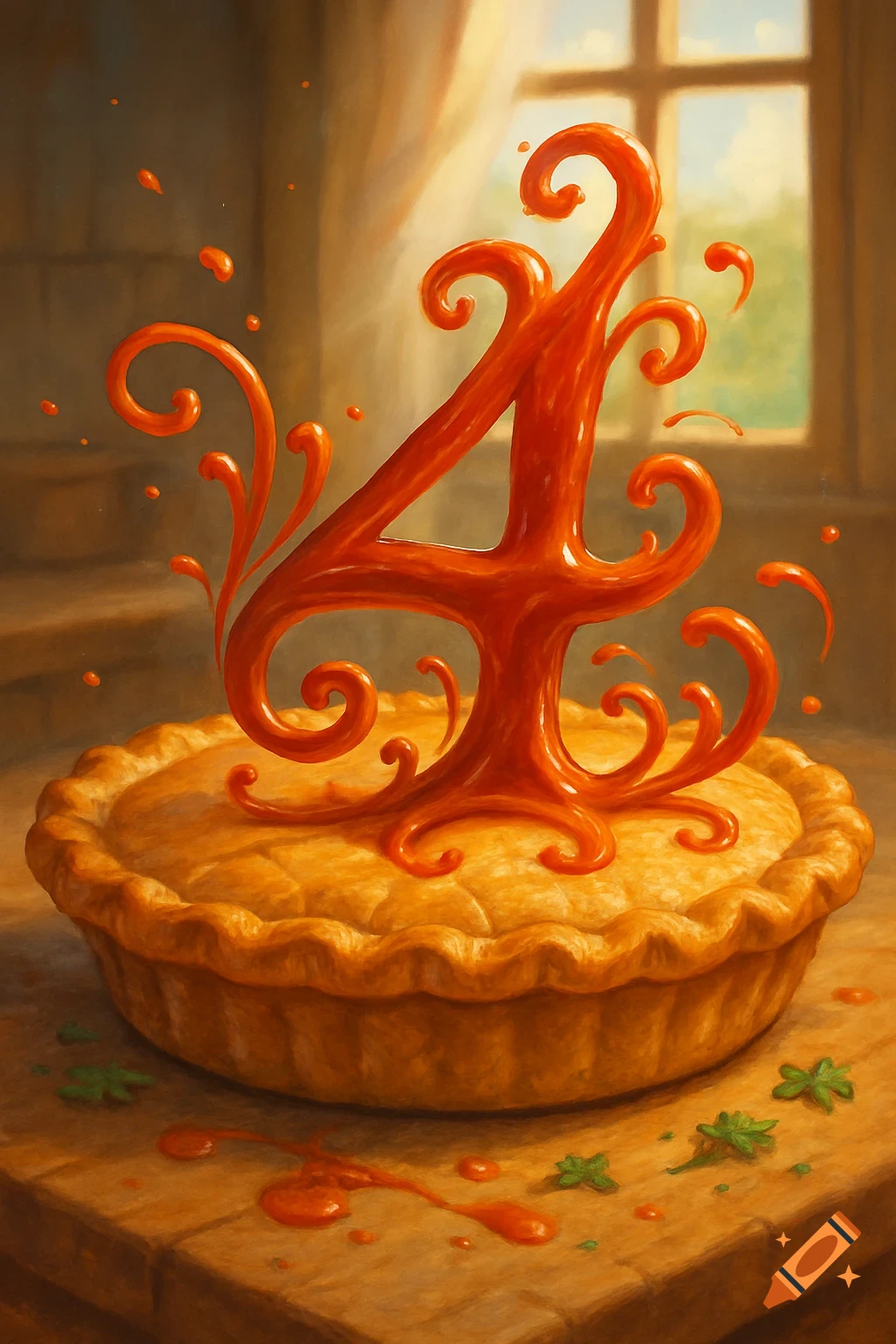 A digital painting of a pie with a decorative number 4 made of red sauce on top.