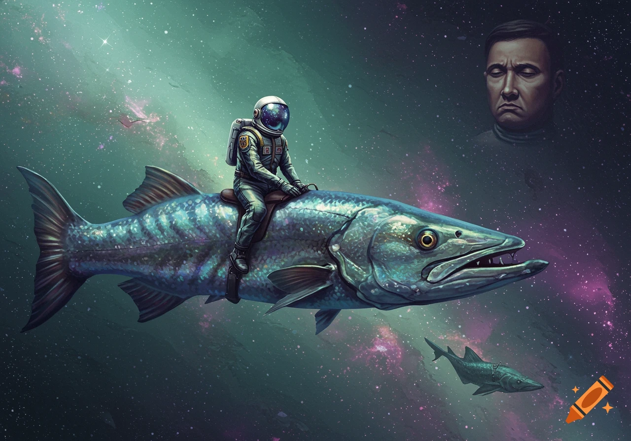 An astronaut rides a large barracuda through a starry green and purple galaxy, with a frowning man's head floating above.