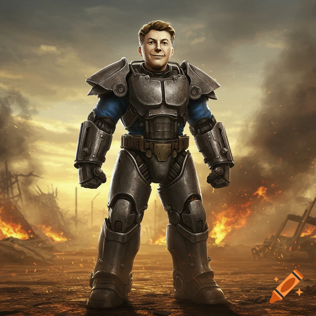 A smiling Vault Boy-like character in heavy metal power armor stands in a burning, post-apocalyptic wasteland under a cloudy sky.