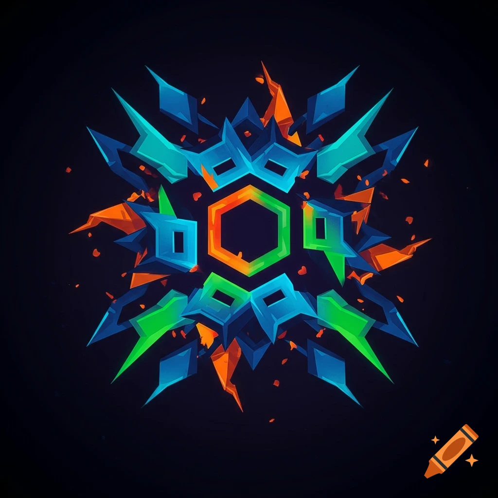 An abstract, symmetrical geometric design resembling a stylized star or snowflake, rendered in vibrant blue, green, and orange colors on a dark background.
