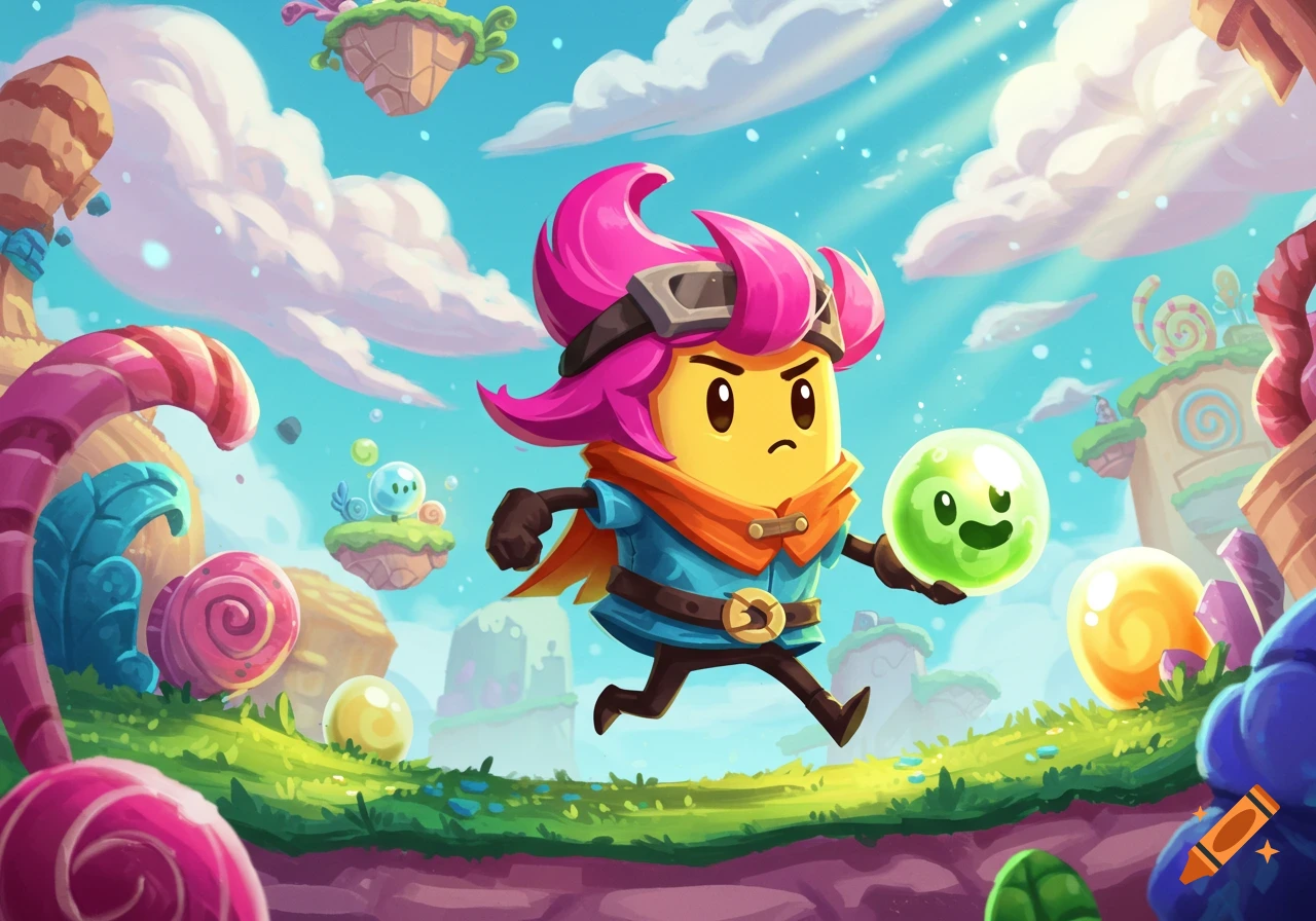 A vibrant, cartoon-style character with pink hair runs through a whimsical candy land, holding a glowing green blob with a smiling face.