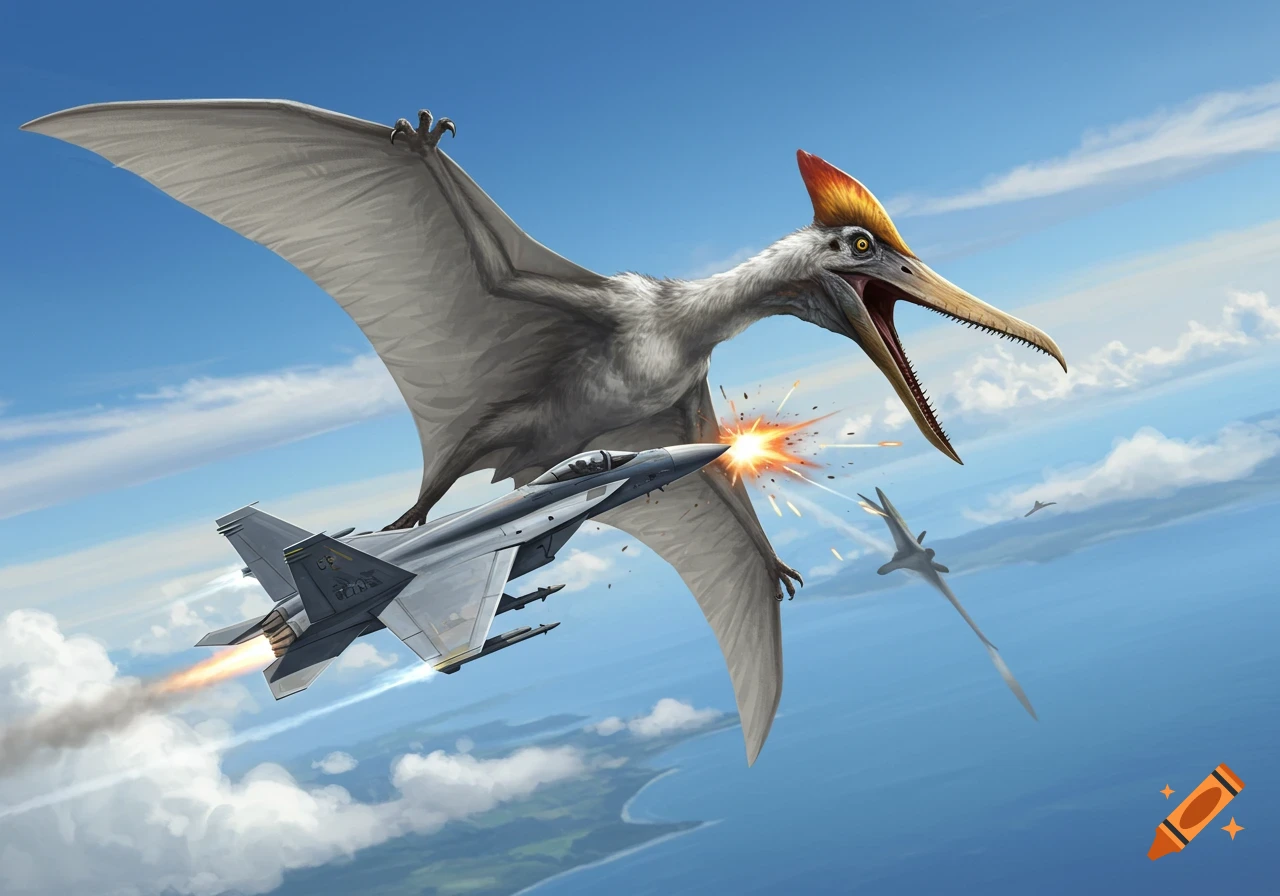 A large grey Quetzalcoatlus attacking a grey fighter jet in mid-air, with an explosion visible where they collide. Other jets and clouds are in the background.