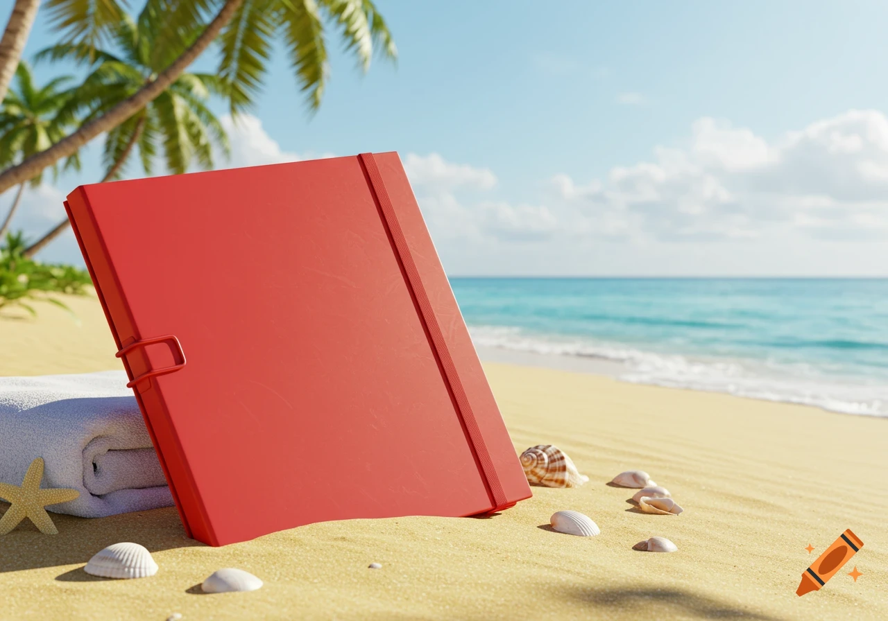 Photorealistic image of a red plastic folder on golden beach sand next to a white towel, with turquoise ocean and palm trees in the background.