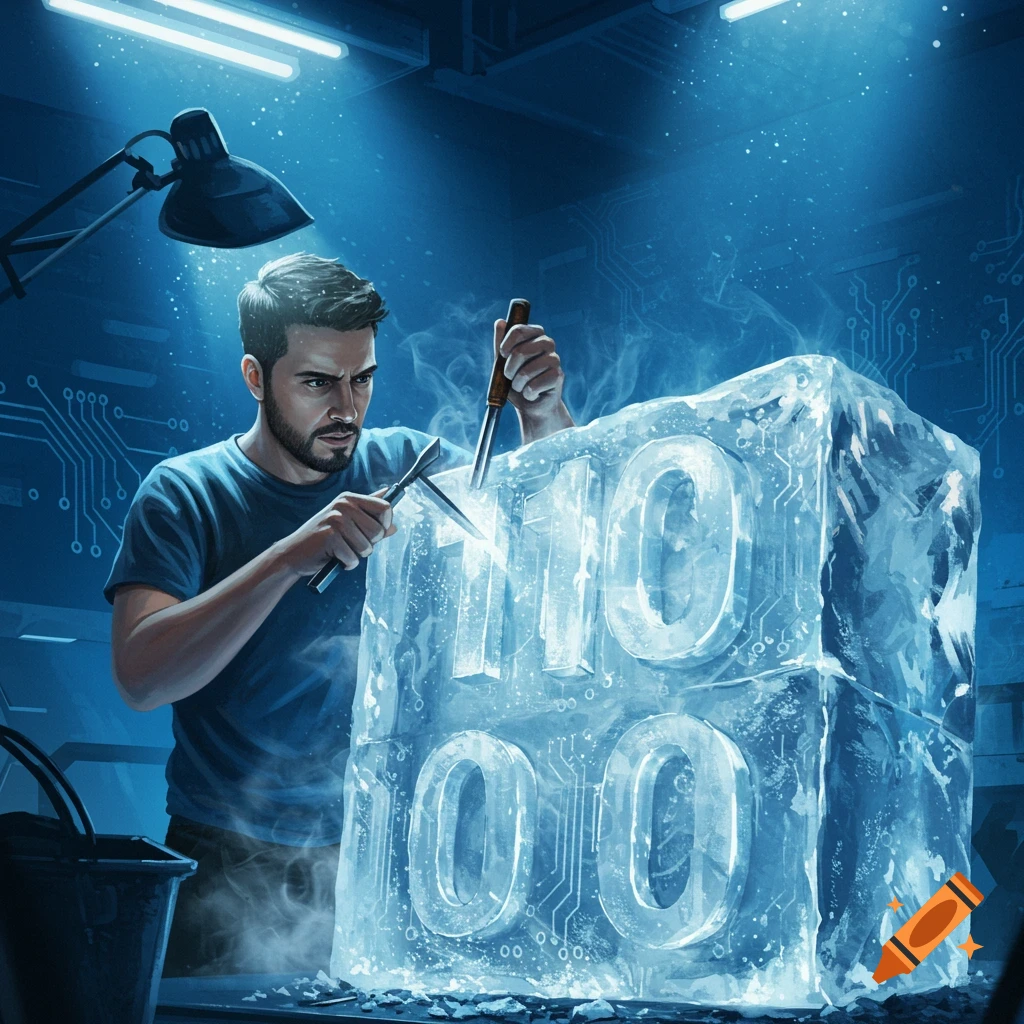 A man carving binary code (ones and zeros) into a glowing ice block in a dark, high-tech workshop.