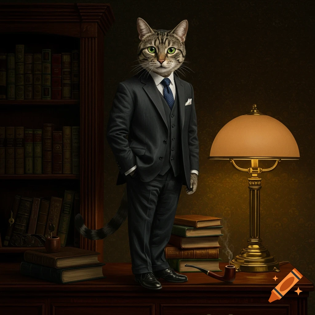 Photorealistic portrait of a tabby cat in a dark suit and blue tie, standing formally in a dimly lit library with books and a lamp.