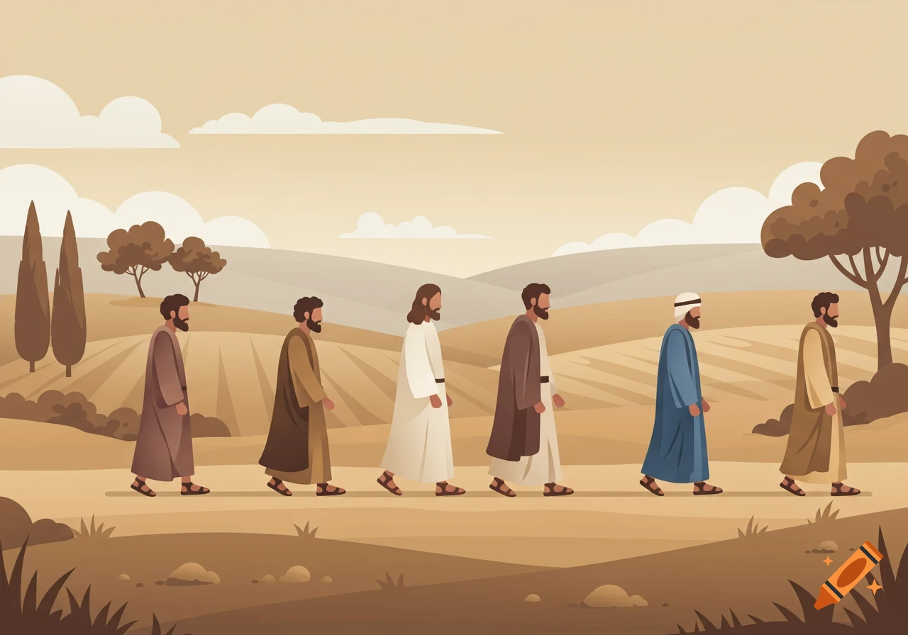 Six robed men, one resembling Jesus, walk single file through a sepia-toned desert landscape under a cloudy sky in a flat illustration style.