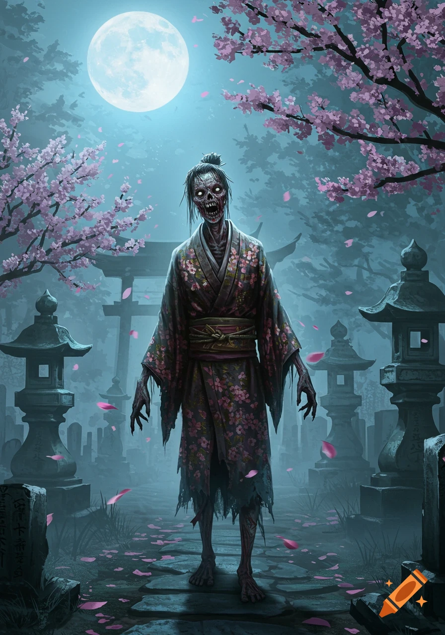 A zombie in a tattered kimono stands in a Japanese graveyard with cherry blossoms and stone lanterns under a full moon.